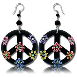 Earth Accessories Peace Sign Dangle Earrings with Organic Wood - Earring Hippie Accessories and Hippie Costume for 60s or 70s