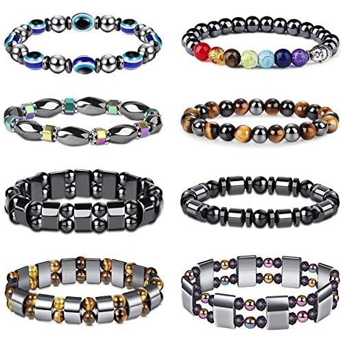 Jstyle 8 Pieces Hematite Magnetic Therapy Bracelet with Jewelry Bag,Strong Elastic,Natural Stones,Stress Relieving Magnet Bracelet Anxiety Relief for Women Men