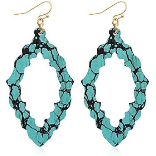 Bohemian Printed Natural Wood Geometric Statement Earrings - Stone Marble Effect Filigree Leaf, Teardrop, Moroccan Dangle