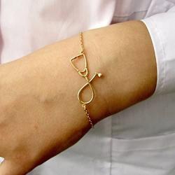 Dainty Doctor Nurse Stethoscope Bracelet for Women Heartbeat Medical Jewelry Student Graduation Gift (Gold)