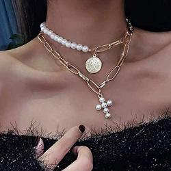 Fstrend Fashion Layered Necklace Gold Pearl Coin Pendant Chain Cross Statement Multilayer Necklaces Jewelry for Women and Girls(2Pcs)