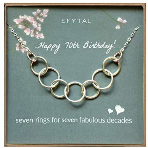 EFYTAL Happy 70th Birthday Gifts for Women Necklace, Sterling Silver 7 rings seven Decades Necklaces Gift Ideas