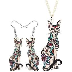 DUOWEI Acrylic Cute Sphynx Cat Earrings Necklace Sets Canadian Hairless Drop Dangle Pendant Jewelry Charms Gifrs for Women Teens Little Girls
