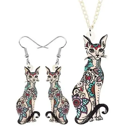 DUOWEI Acrylic Cute Sphynx Cat Earrings Necklace Sets Canadian Hairless Drop Dangle Pendant Jewelry Charms Gifrs for Women Teens Little Girls