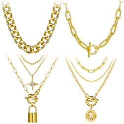 4PCS Gold Layered Chain Necklace set for Women Girls Boho Pendant with Lock Coin Chunky Link Chain Jewelry for Christmas Gift