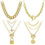 4PCS Gold Layered Chain Necklace set for Women Girls Boho Pendant with Lock Coin Chunky Link Chain Jewelry for Christmas Gift