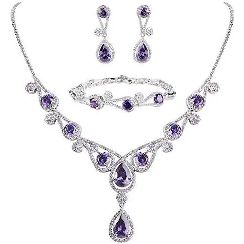 EVER FAITH Womens CZ Lots Hollow-Out Teardrop Necklace Earrings Bracelet Set Silver-Tone EVER FAITH Womens CZ Lots Hollow-Out Teardrop Necklace Earrings Bracelet Set Silver-Tone