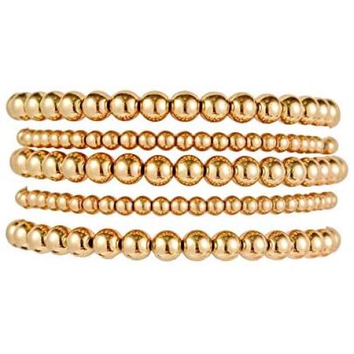 5 Pcs Beaded Stackable Bracelets Set Brass Bead Ball Chain Elastic Bracelets Gold/Silver Stretch Bracelets Stretchable Bangles Friendship Couple Simple Delecate Jewelry for Women Men