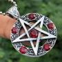 Wicca Jewelry Celtic Pentagram Pentacle Star Red Blood Crystal Gem Wiccan Pagan Witch Magic Healing Protection Amulet Pewter Mens Womens Pendant Necklace Charm for Men Women Silver Ball Chain