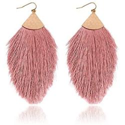 Bohemian Silky Thread Tassel Statement Drop Earrings, Strand Fringe Lightweight Feather Shape Dangles, Chandelier Duster, Stuck Womens Earrings