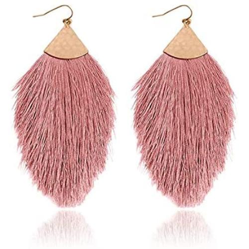 Bohemian Silky Thread Tassel Statement Drop Earrings, Strand Fringe Lightweight Feather Shape Dangles, Chandelier Duster, Stuck Womens Earrings