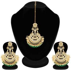 Aheli Indian Wedding Kundan Pearl Maang Tikka with Earring Set Bollywood Party Traditional Jewelry for Women Girls