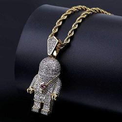 MOLEK Hip Hop 18K Gold Plated Micro Pave AAA CZ Astronaut Pendant Necklace with 24 Stainless Steel Rope Chain Iced Out Jewelry for Men and Women