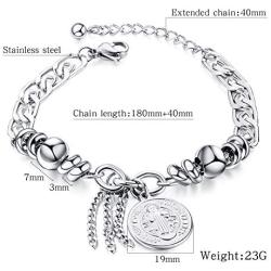 TEMICO Stainless Steel Cross Saint Benedict Coin Charm Bracelet for Women Catholic Exorcism Protection Jewelry