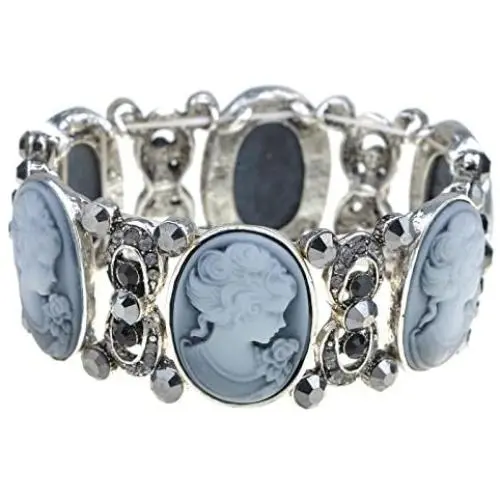 Alilang Stretchy Antique Silvery Tone Clear Crystal Rhinestones Victorian Cameo Lady Bangle Bracelet Alilang Stretchy Antique Silvery Tone Clear Crystal Rhinestones Victorian Cameo Lady Bangle Bracelet