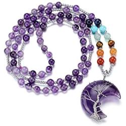 Jovivi Tree of Life Crescent Moon Chakra Bead Necklace Copper Wire Wrap Natural Gemstones Pendant Crystals and Healing Stones Necklace
