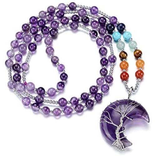 Jovivi Tree of Life Crescent Moon Chakra Bead Necklace Copper Wire Wrap Natural Gemstones Pendant Crystals and Healing Stones Necklace