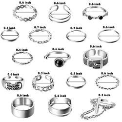 PANTIDE 17Pcs Punk Gothic Rings Set, Vintage Knuckle Rings Set Adjustable Alloy Biker Obsidian Chain Open Rings, Stackable Hollow Carved Finger Rings Midi Rings Joint Jewelry for Women Girls (Silver)