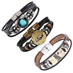 CHUYUN 3 Pcs 12 Zodiac Constellation Bracelets Set for Women Stainless Steel Beaded Leather Cuff Bangle Retro Jewelry