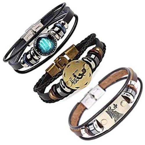 CHUYUN 3 Pcs 12 Zodiac Constellation Bracelets Set for Women Stainless Steel Beaded Leather Cuff Bangle Retro Jewelry