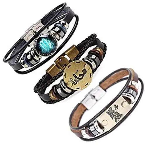 CHUYUN 3 Pcs 12 Zodiac Constellation Bracelets Set for Women Stainless Steel Beaded Leather Cuff Bangle Retro Jewelry