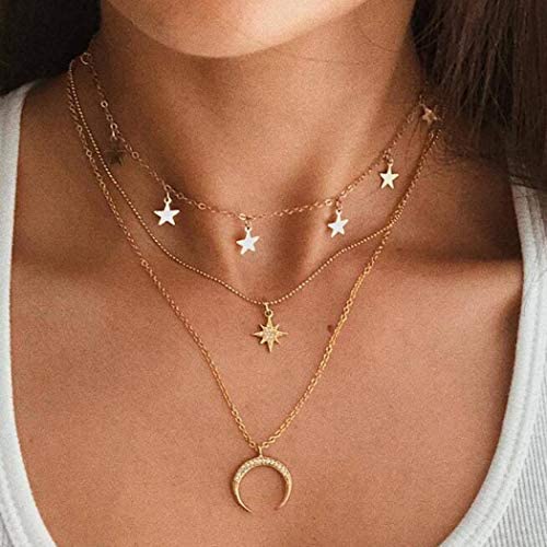 YienDoo Bohemia Multilayer Necklace with Octagonal Moon Crescent Pendant Gold Chain Jewelry for Woman and Girls