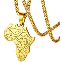 FaithHeart African Map Necklace, Stainless Steel Africa Map Flags Pendant Hip Hop Jewelry for Men Women with 24 Inch Wheat Chain