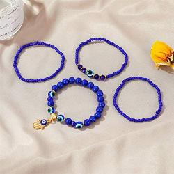 4 Pieces Evil Eye Bead Bracelets Lucky Hamsa Hand of Fatima Resin Beaded Stretch Bracelet Handmade Blue Eye Nazar Amulet Protection Bracelets Set Jewelry for Women Men