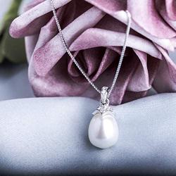 MOLAH 9.5-10mm Drop Cultured Freshwater Pearl and Simulated Diamond CZ Necklace 925 Silver Rhodium Plated