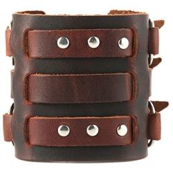 HZMAN Mens Alloy Ring Genuine Leather Bracelet Bangle Cuff Silver Tone Adjustable
