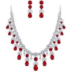 BriLove Womens Wedding Bridal CZ Cluster Leaf Teardrop Statement Necklace Dangle Earrings Set