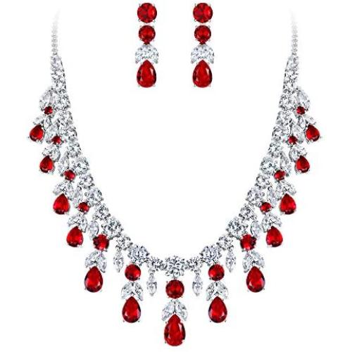 BriLove Womens Wedding Bridal CZ Cluster Leaf Teardrop Statement Necklace Dangle Earrings Set
