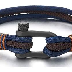 COOLSTEELANDBEYOND Men Women Steel Screw Anchor Shackle Nautical Sailor Navy Blue Brown Rope Wristband Wrap Bracelet