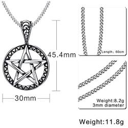 Stainless Steel Powerful Pentacle Necklaces Pentagram, Wicca Traditional Seal of Solomon Pendant, 23.5 Inch Curb Chain