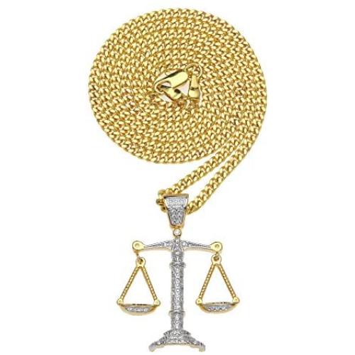 charlinliol Scales of Justice Necklace Balance Libra Pendant Gold Plated Copper Necklace Zircon Iced Out Jewery for Men and Women Chain 24 inches