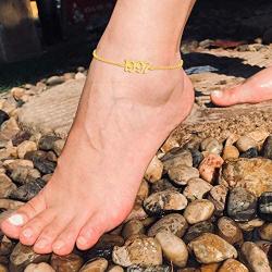 Birth Year Anklet 14K Gold Ankle Bracelets for Women 1985 to 2005 Year Anklet Stainless Steel Anklet for Women, Adjustable Dainty Beach Foot Jewelry Anniversary Birthday Gift