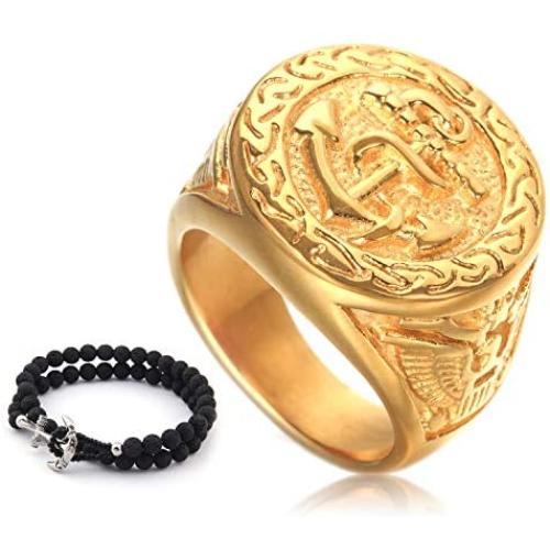 Gungneer Goldtone Anchor Navy Ring Stainless Steel Eagle Pattern Millitary Jewelry Power Gift Accessory for Mens Womens