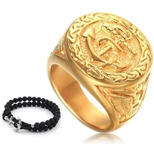 Gungneer Goldtone Anchor Navy Ring Stainless Steel Eagle Pattern Millitary Jewelry Power Gift Accessory for Mens Womens Gungneer Goldtone Anchor Navy Ring Stainless Steel Eagle Pattern Millitary Jewelry Power Gift Accessory for Mens Womens