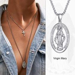 GoldChic Jewelry Customized Cross INRI Crucifix/Miraculous Virgin Mary Charm Pendant with Chain, Christain Jewelry Women Men, 18K Gold/Black Rhodium Plated/Stainless Steel Jesus Necklace