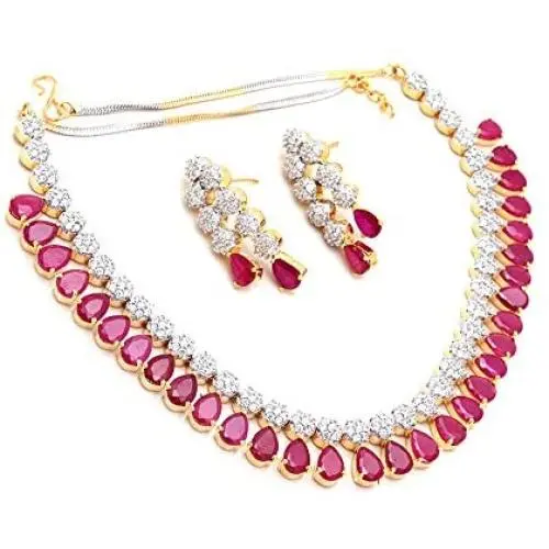Necklace Set Silver Gold Plated Two Tone Red Ruby Gemstones Ad Cz Jewelry 6858 Necklace Set Silver Gold Plated Two Tone Red Ruby Gemstones Ad Cz Jewelry 6858