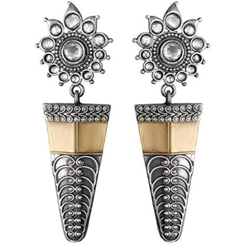 Aheli Oxidized Intricate Floral Design Crafted Dangle Jhumka Earrings Set Ethnic Antique Indo Western Fashion Jewelry for Women Girls