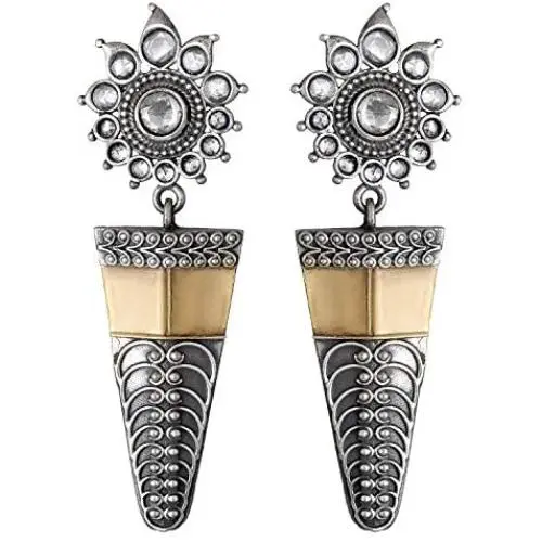 Aheli Oxidized Intricate Floral Design Crafted Dangle Jhumka Earrings Set Ethnic Antique Indo Western Fashion Jewelry for Women Girls