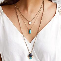 Peony.T Layered Necklace Boho Jewelry Set Turquoise Black Gem Pendant Long Chain Neckalce Gold Tone