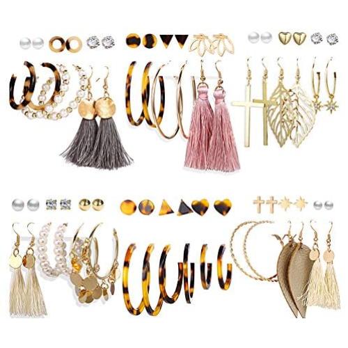 36 Pairs Bohe Earrings Set for Women Girls Fashion Cross Leather Dangle Acrylic Stud Hoop Earrings Jewelry for Birthday/Valentines Day Gifts