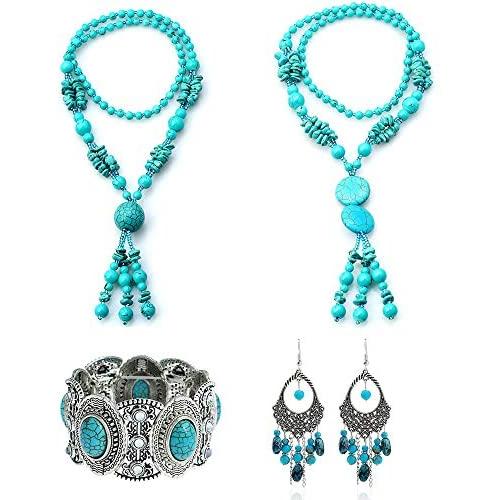 Amazon Day Deals Turquoise Long Beaded Bohemia Necklace for Women Vintage Ethnic Alloy Pendant Jewelry & Earring Set