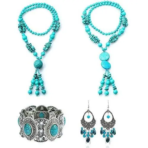 Amazon Day Deals Turquoise Long Beaded Bohemia Necklace for Women Vintage Ethnic Alloy Pendant Jewelry & Earring Set