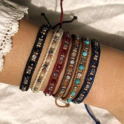 The Woos Seed Beaded Strand Bracelet Woven Braided Cotton Weave Wax Rope Chain Bohemian Charm Wrap Bracelets Retro Rice Adjustable Rope Ethnic Bangles Handmade Friendship Jewelry for Women Girl