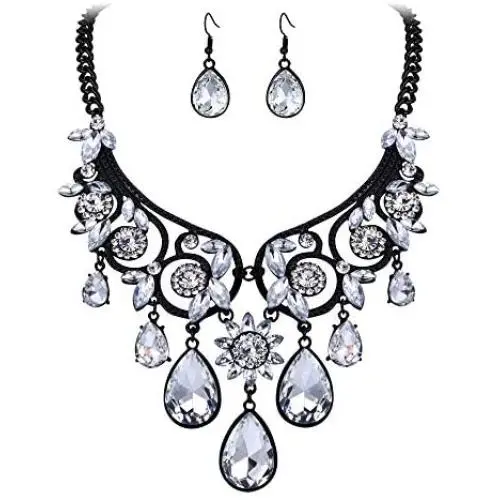 BriLove Womens Tribal Ethnic Crystal Chunky Statement Necklace Dangle Earrings Set