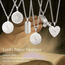 PROSTEEL Lords Prayer Heart Necklace, Stainless Steel Praying Hands Pendant & Chain, Mens Womens Necklace, 22inch-24inch, Come Gift Box