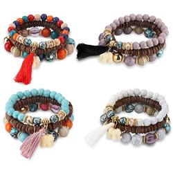 Thunaraz 4 Sets Bohemian Stretch Beaded Bracelets for Women Multilayer Stackable Bracelets Strand Bangles